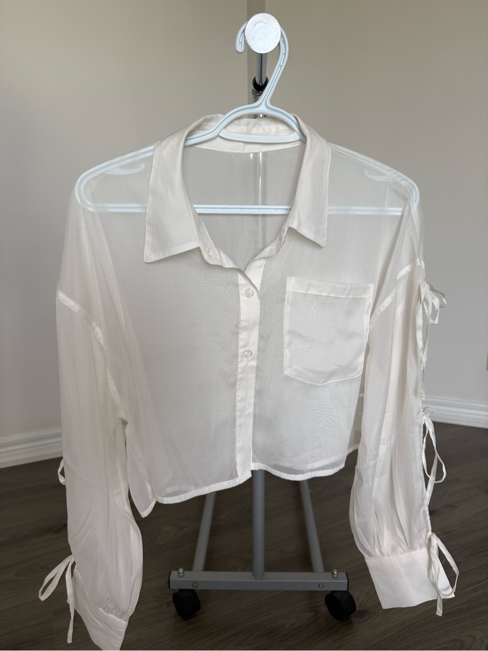 Sheer White Long-Sleeve Tie Cuff Button-Up Top